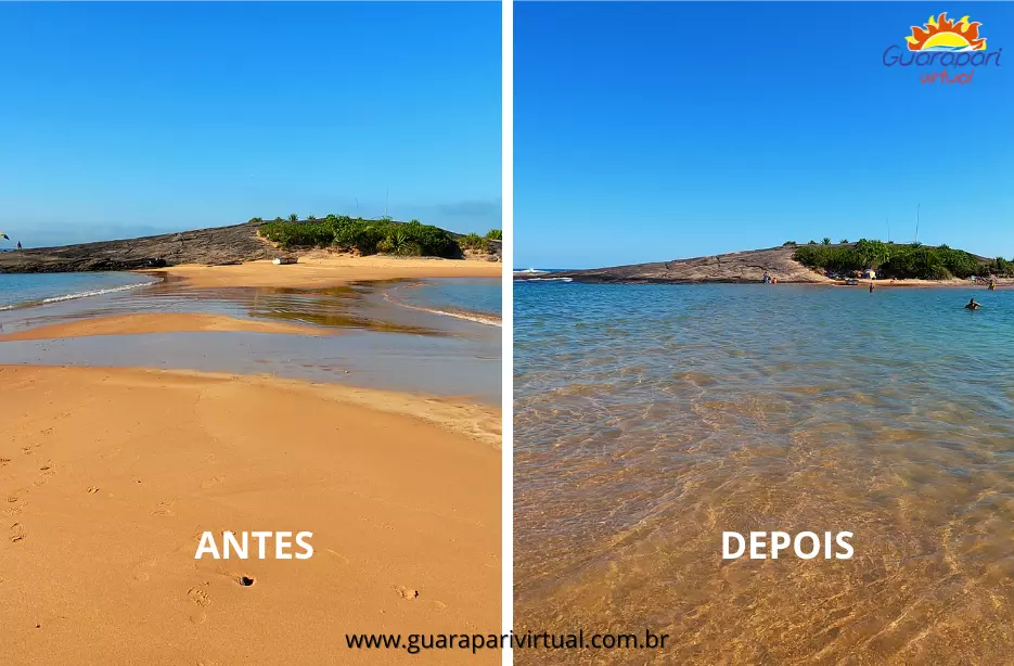 Antes e depois do Encontro das &Aacute;guas na Praia de Setiba: faixa de areia at&eacute; a pedra na mar&eacute; baixa e piscina rasa na mar&eacute; cheia