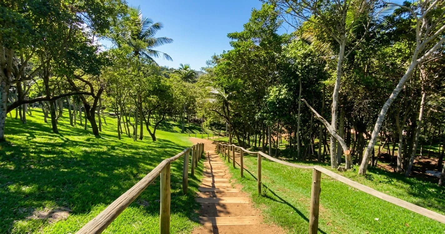 Escadaria de madeira entre o gramado e as &aacute;rvores na entrada da Praia dos Padres, em Guarapari
