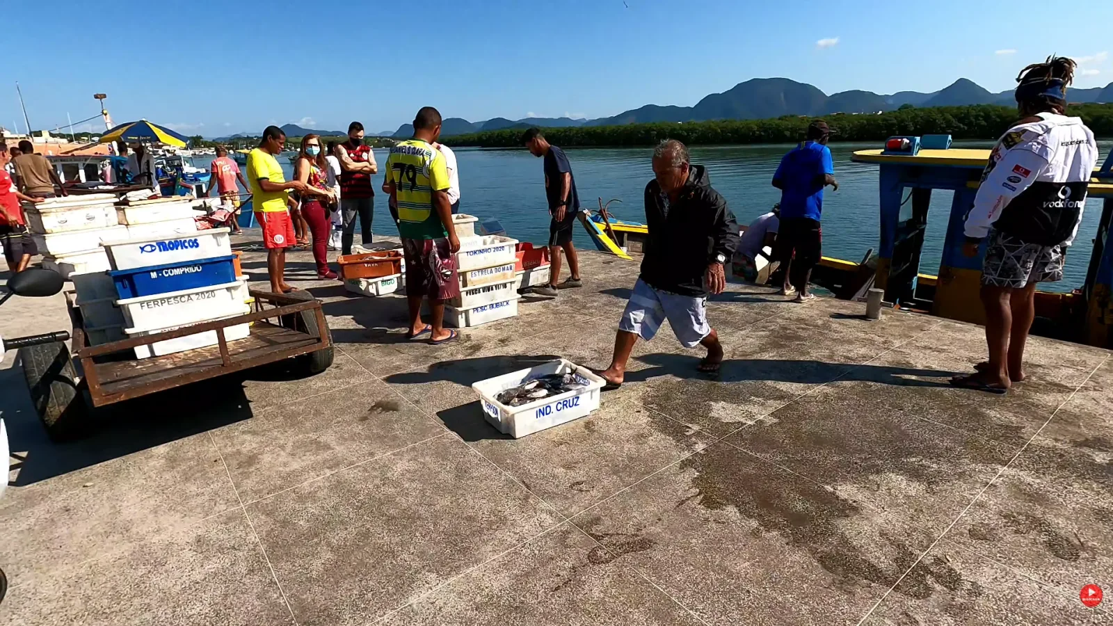Pescadores descarregando caixas de peixe de um barco no Cais de Guarapari