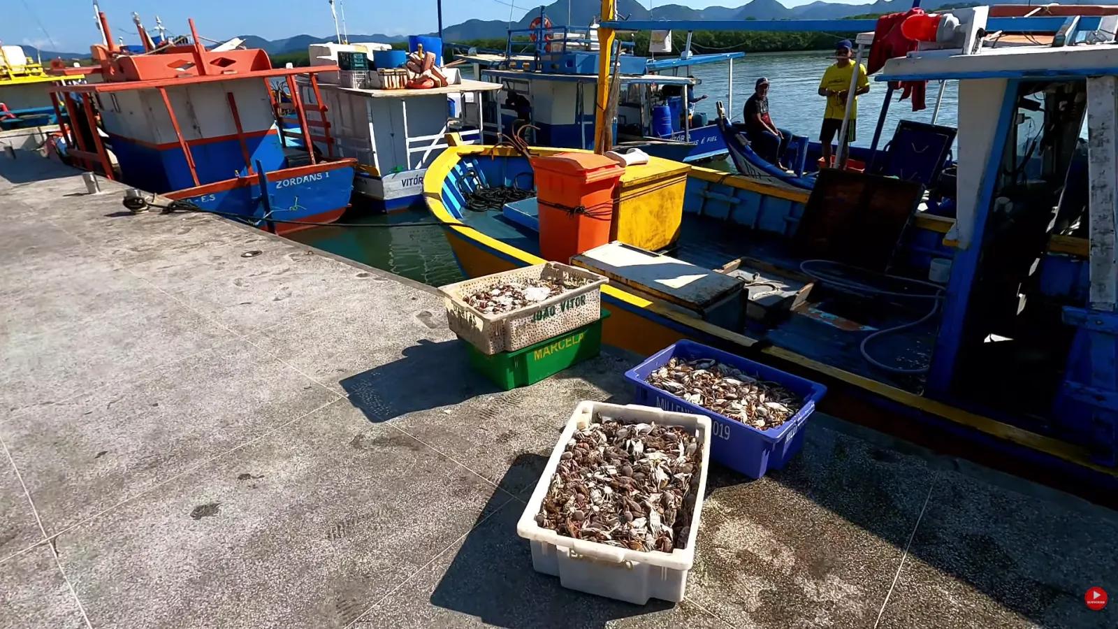 Caixas de siri no cal&ccedil;ad&atilde;o do Cais de Guarapari, ao lado dos barcos de pesca
