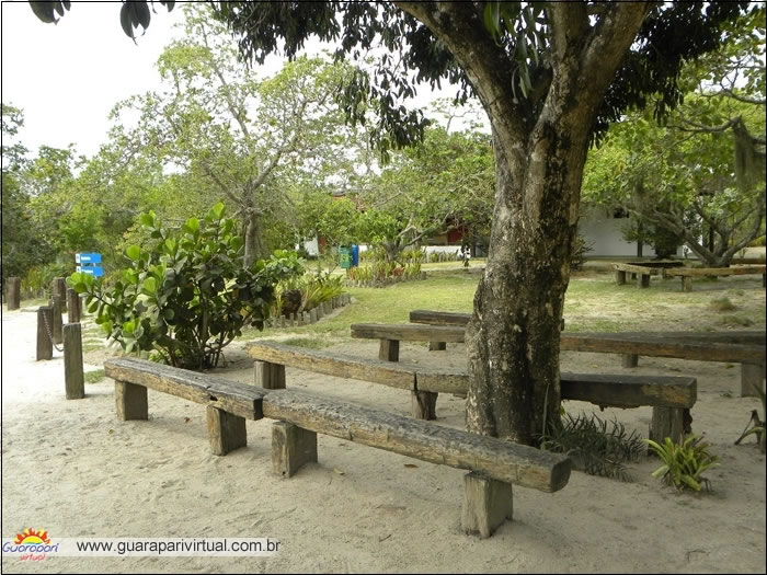 Bancos de madeira na &aacute;rea de descanso perto da sede do Parque Estadual Paulo C&eacute;sar Vinha