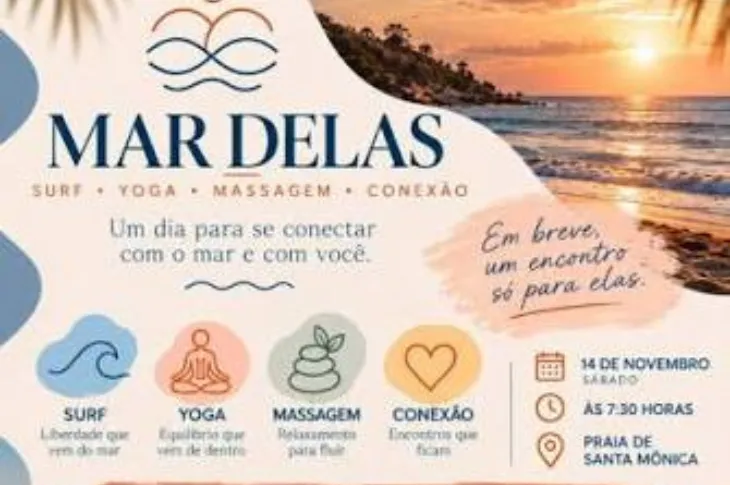 Mar Delas: surf, yoga, massagem e conexão em Santa Mônica — Sábado, 14 de novembro de 2026, das 07:30 às 12:00, Guarapari